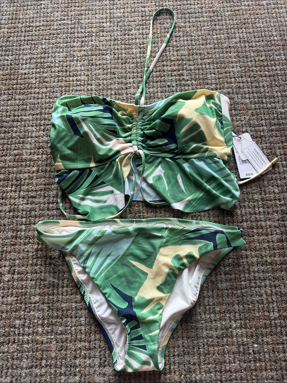 Anthropologie Green Leaf Print Bandeau Bikini